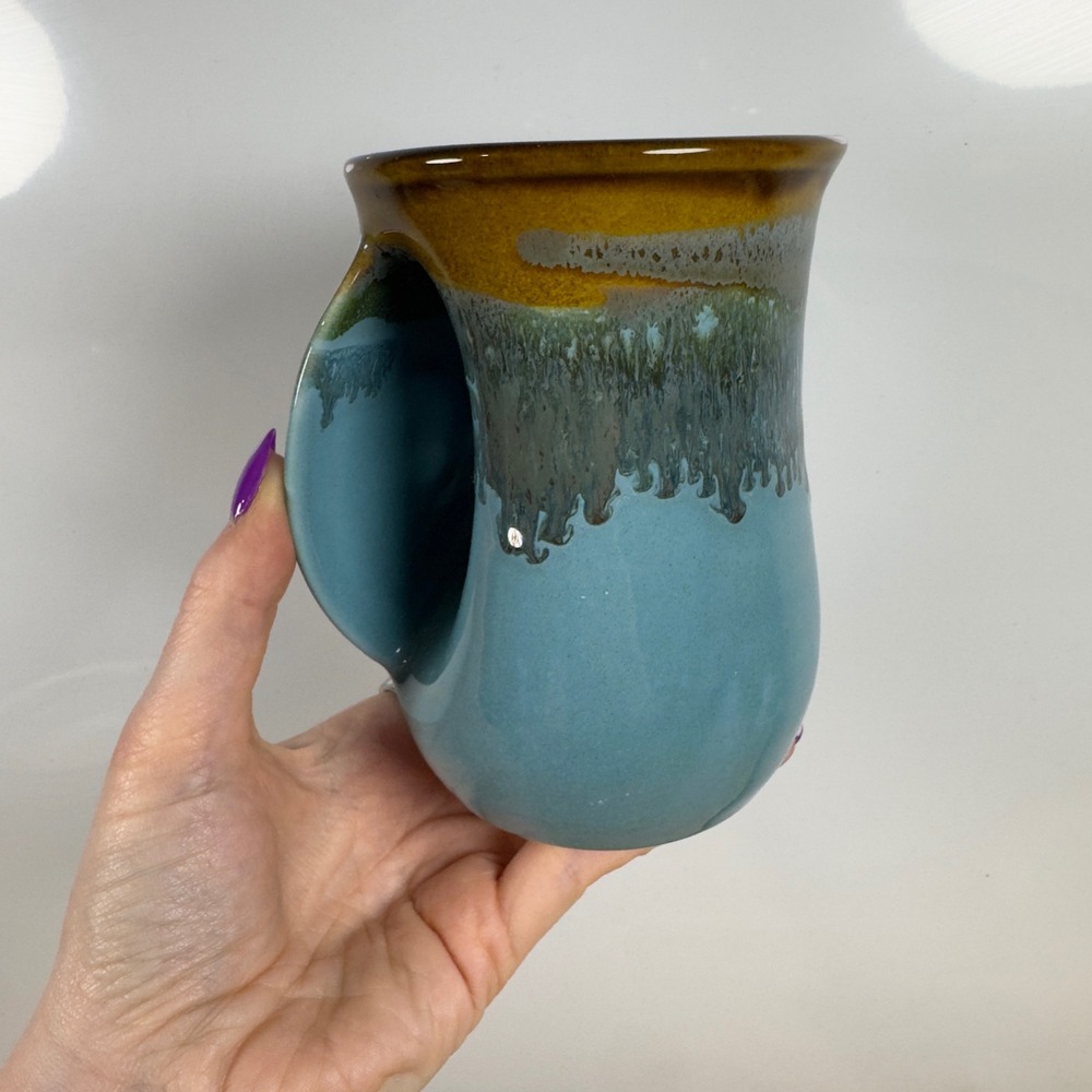 Neher Pottery 2011 Hand Warmer Mug Blue Brown Drip Glaze Left Handed Ceramic
